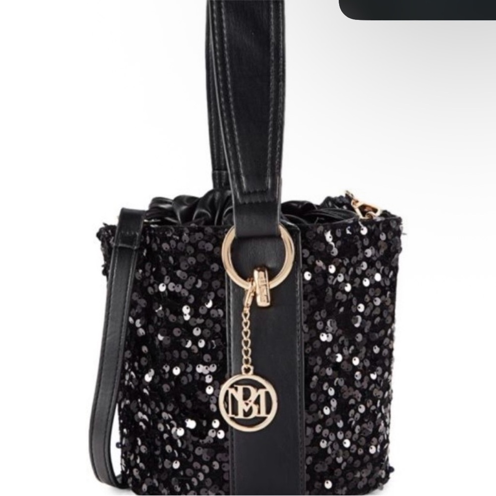 Badgley Mischka Black Sequin Bucket Bag with Gold Accents - Picture 6 of 10